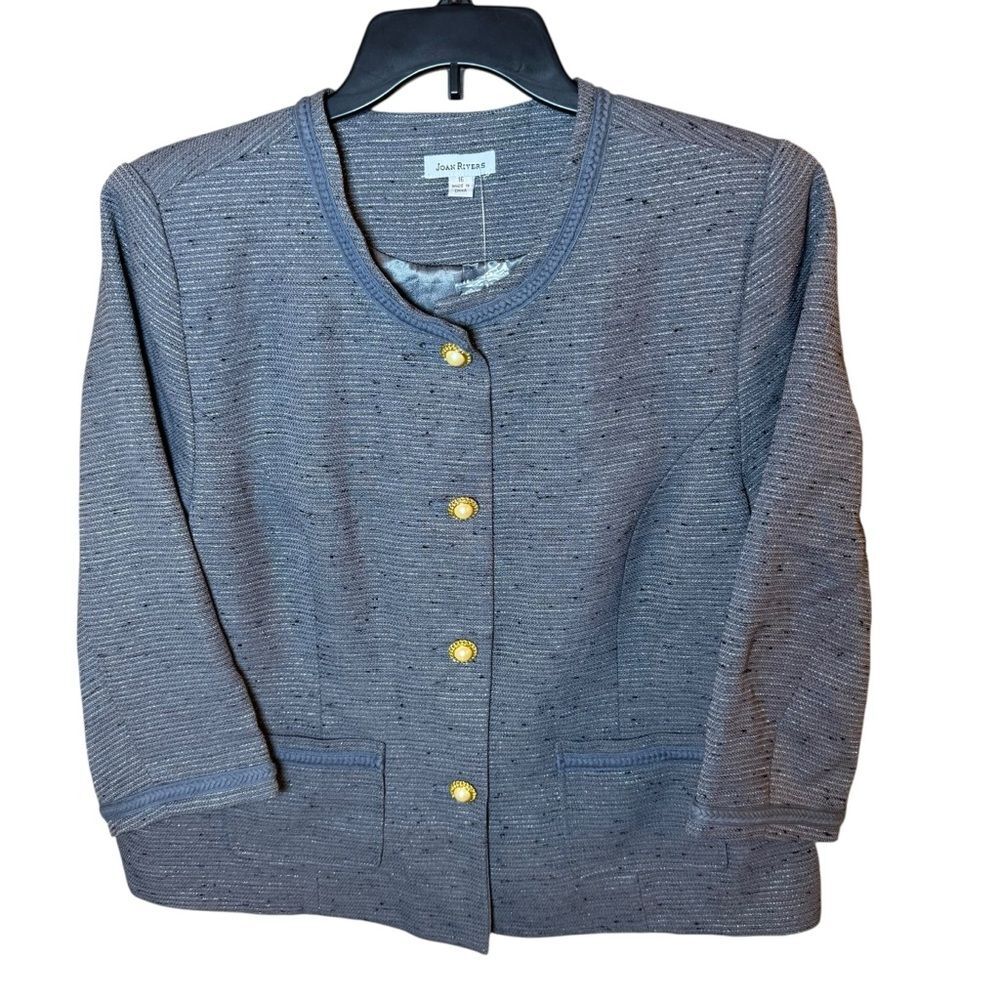 Vintage Joan Rivers Metallic Grey Knit Blazer Jacket Pearl Gold Buttons- Size 16